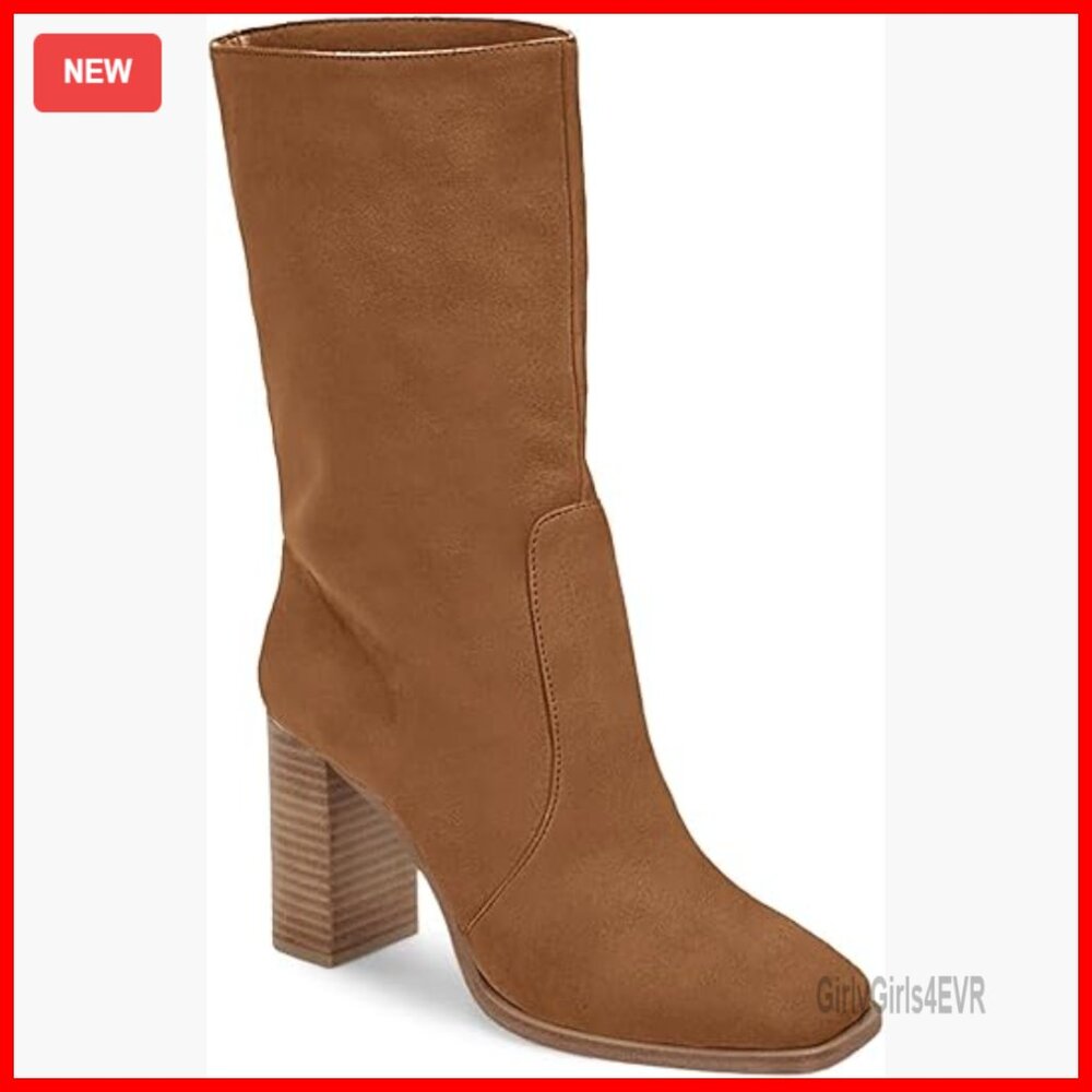 Women's Mid-Calf Boots Chunky Stacked Heel Square Toe Side Zipper Suede